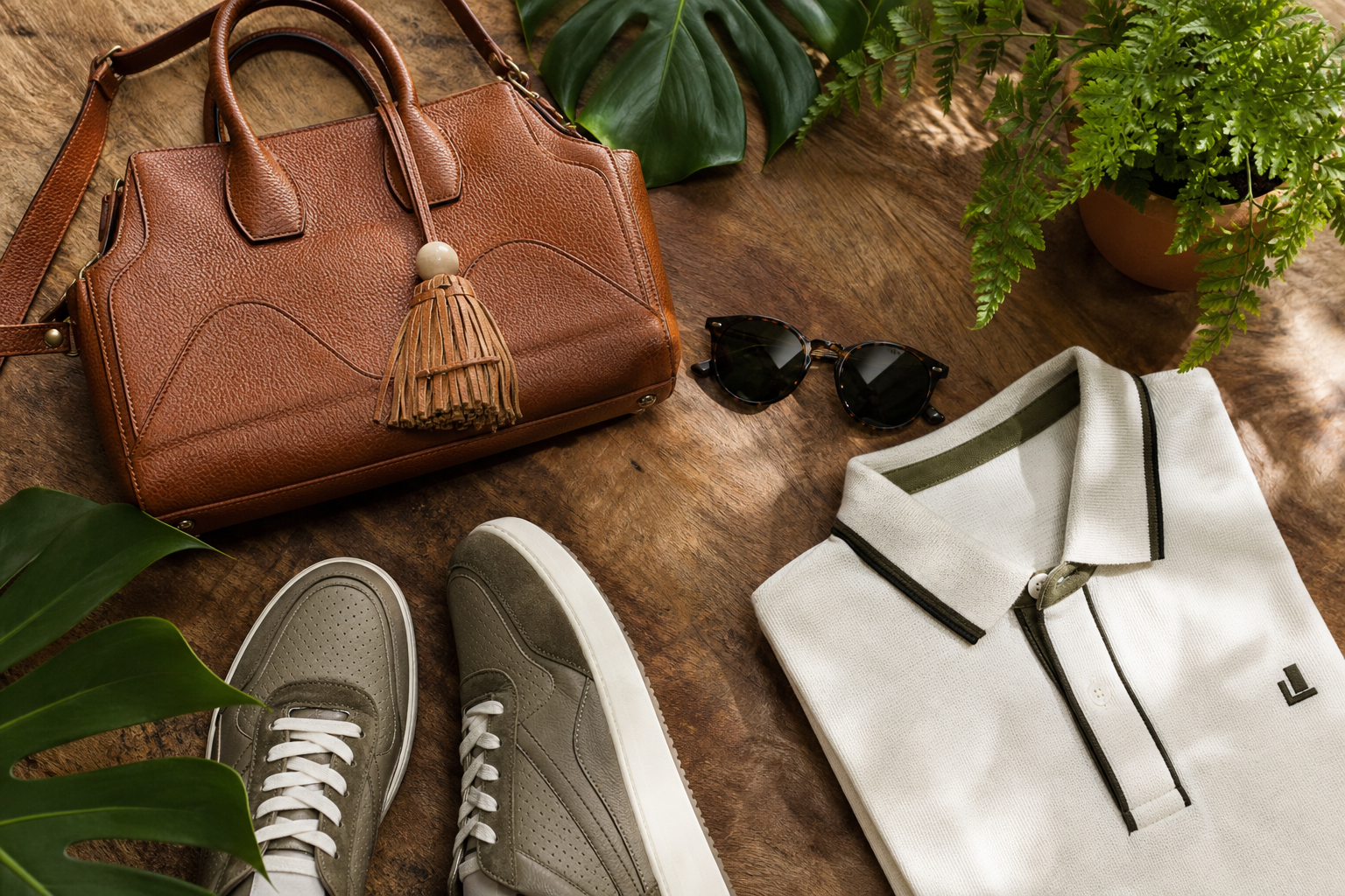 Composição editorial de produtos brasileiros: bolsa, tênis, polo, óculos — Almira Brasil